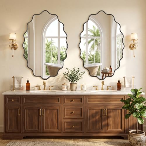 Image of Black Oval Wall Mirror, 24 inch x 36 inch Wavy Bathroom Mirror for Wall with Brushed Alloy Steel Frame&Shatter-Proof Glass, Hanging Decorative Wall Mirrors for Bathroom Sink, Bedroom, Entryway
