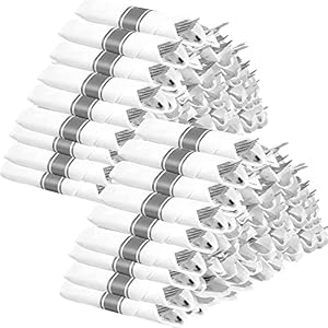 50 Pre Rolled Silver Plastic Silverware – Service for 50 – Wrapped Disposable Set with Forks, Knives, Spoons, White Napkins – Fancy Decorative Flatware for Dinner, Party, Wedding