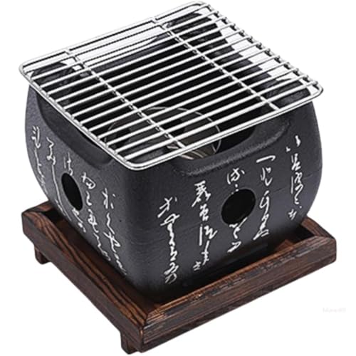日本製 アルコール炉 七輪 焼肉炉 家庭用 室内用 バーベキューグリル キャンプ用 卓上 調理用 炭火焼き 木製ベース 火鉢 金網グリル アウトドア コンパクト 小型 長方形 (M,ブラック)