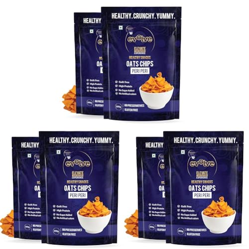 Image of Evolve Oats Chips Healthy Snacks for Kids, Adults | Gluten Free, Vacuum Fried, High in Protein, Low Calorie, Weight Loss Friendly, Peri Peri Flavor - 100g Pack of 6