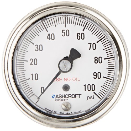 Ashcroft Duralife Type 1009SW Stainless Steel Case Dry Filled Pressure Gauge, Clean for Gaseous Oxygen Service, Stainless Steel Tube and Socket, 2-1/2