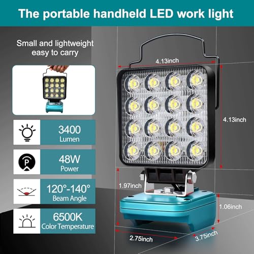 lampe led rechargeable pour batterie makita 18v,48w baladeuse lampe de chantier alimenté par pile, projecteur led rechargeable avec charge type c & usb (sans batterie) (nmtzfdts4in)