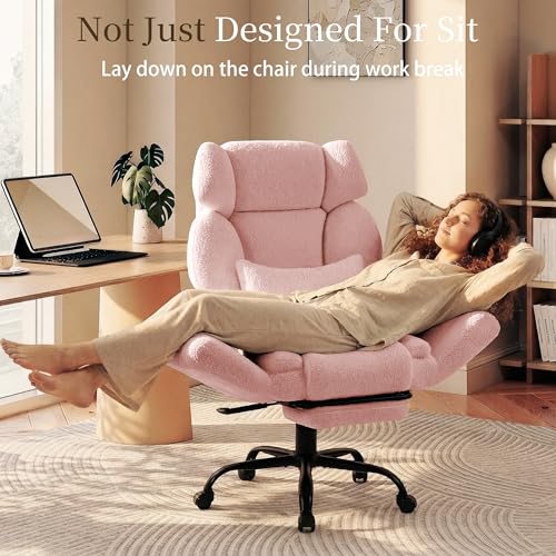 Image of Office Chair with Flip Armrests,Big and Tall Office Chair with Foot Rest,Extra Wide Seat & Lumbar Pillow,Comfy Criss Cross Chair for Pets Sitting,Ergonomic Computer Gaming Chair,Teddy Fleece,Pink