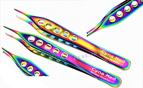 2 EA German Toothed Dissecting Forceps ADSON KOCHER 1X2 Teeth Titanium Multicolor Rainbow Premium Dissecting Surgical CYNAMED
