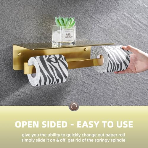 Image of Angle Simple Double Toilet Paper Holder with Shelf, Brushed Dark Gold | SUS304 Stainless Steel, Bathroom Tissue Roll Dispenser, Functional Storage Shelf for Phone Wet Wipe Plant, Screw Wall Mount
