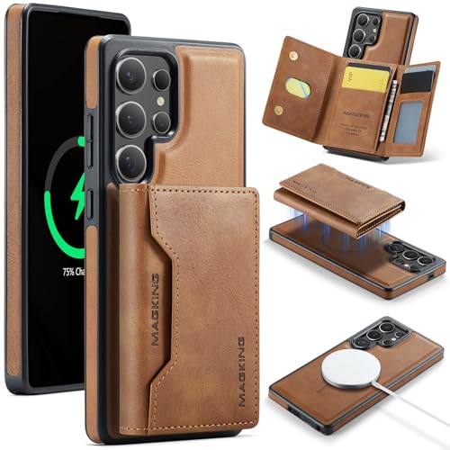 Étui Galaxy S25 Ultra avec porte-carte et coque magnétique amovible en cuir marron