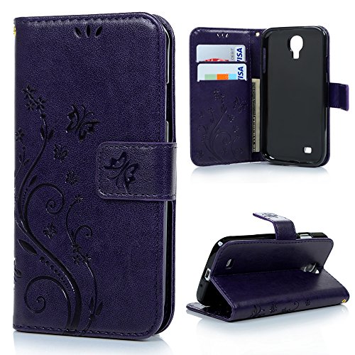 S4 Case,Galaxy S4 Wallet Case - Mavis's Diary Premium PU Leather with Fashion Floral Butterfly Pattern Magnetic Clasp Card Holders Flip Cover for Samsung Galaxy S4 9500 with Hand Strap (Purple)