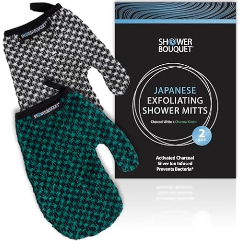 Japanese Exfoliating Mitt 2-Pack - Charcoal & Silver Ion Exfoliating Gloves for Shower - Soft Inner Fabric Gentle Exfoliation & Deep Cleansing Body Scrub Gloves for All Skin Types - 1 White, 1 Green Cover