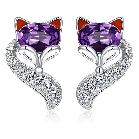 PLATO H Purple Crystal Fox Animal Stud Earrings for Women, Sterling Silver Post, High Polish Fox Tail Anniversary Jewelry Gift for Her Christmas Anniversary Birthday Cover