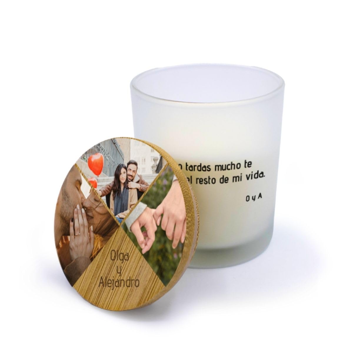 Velas personalizadas con tapa de madera. Velas aromáticas para decoración. Velas para San Valentín personalizadas con nombre. Regalos originales para eventos. (3 Fotos)