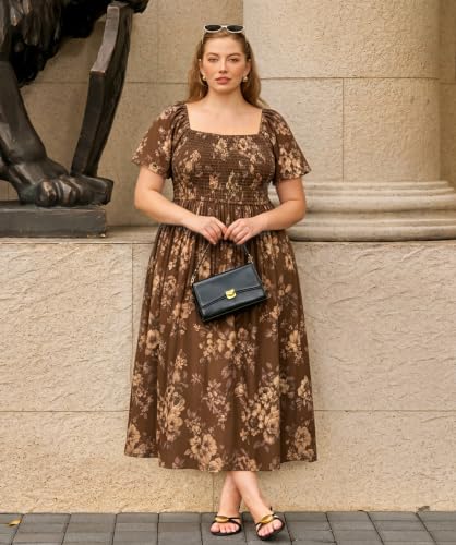 Image of RITERA Plus Size Dresses for Curvy Women Square Neck Short Sleeve Summer Floral Smocked Maxi Dress with Pocket XL-5XL