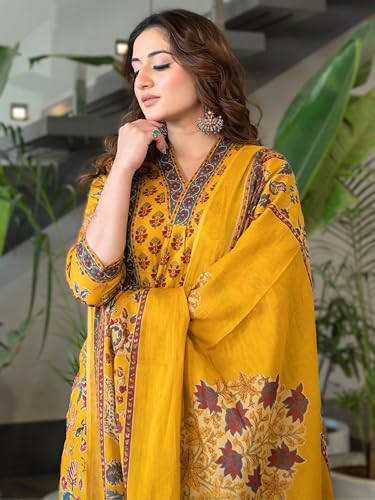 Image of Arayna Women's Pure Cotton Block Printed Ethnic Wear Kurta Set with Palazzo Pants & Dupatta, Mustard Yellow