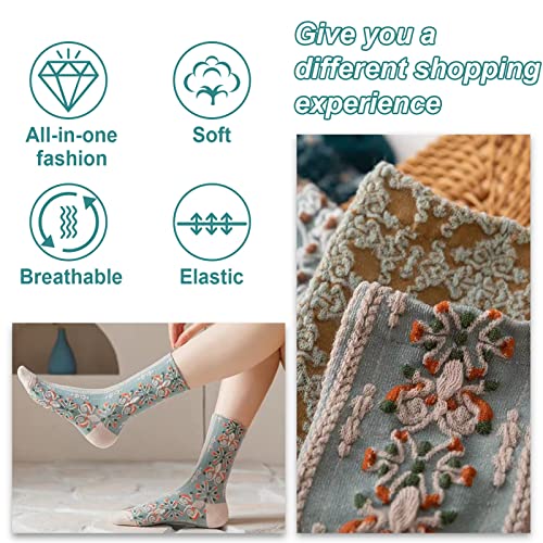 Image of 5 Pack Cute Womens Floral Socks, Vintage Embroidered Frilly Floral Ankle Cotton Cottagecore Socks