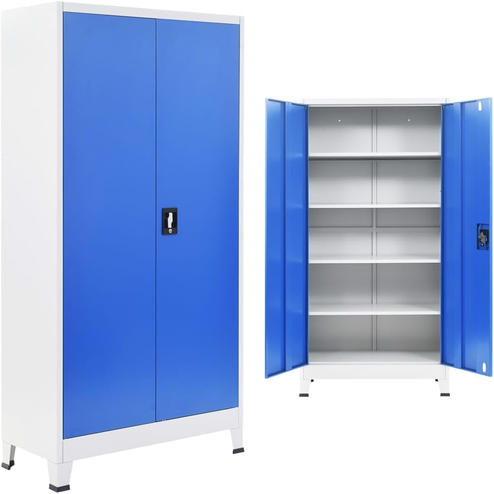 Grey and Blue Metal Office Cabinet 35.4x15.7x70.9 in with 4 Adjustable Shelves and Lock for Secure Storage Industrial Design Workspace