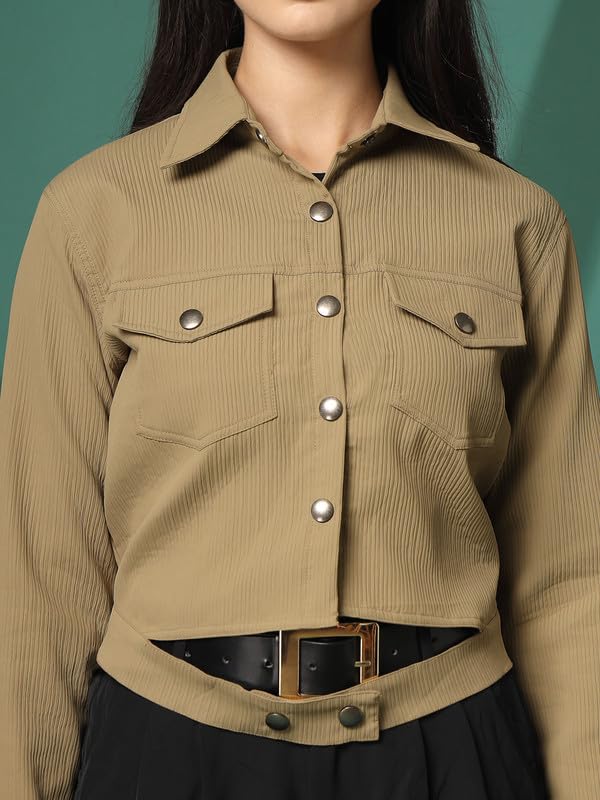 Image of CHKOKKO Solid Crop Jackets for Women stylish latest Long Sleeve Stylish Winter Shirt Jacket Casual Outerwear for Office