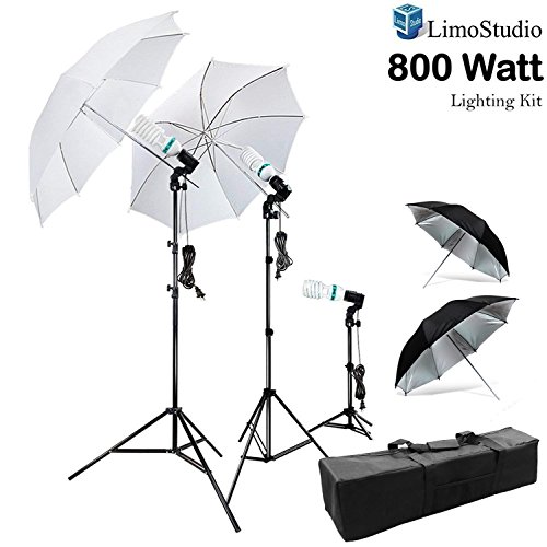 LimoStudio 800W Photography Photo Portrait Studio Umbrella Triple Continuous Lighting Kit - 2 x White Umbrella Lighitng, 1 x Table Top Mini Lighting Kit, AGG1210