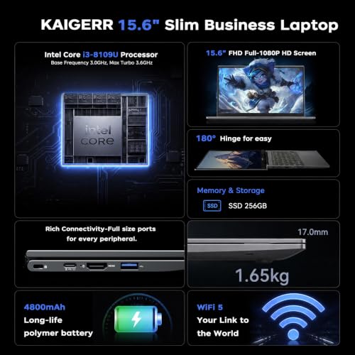 Image of KAIGERR Laptop, 2026 New Laptop Computer with Intel i3 8109U Processor(Up to 3.6GHz), 8GB RAM 256GB SSD(Up to 2TB), 15.6 inch FHD Display, Windοws 11 /Student /Business Laptop, HDMI, USB3.2, Type-C