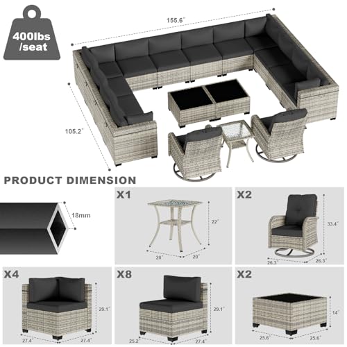 Image of Outdoor PE Wicker Rattan Modular Patio Sectional Sofa Set | 17-Piece: 12 Modular Seats, 2 Coffee Tables, 2 Swivel Rocking Chairs & Side Table, Black