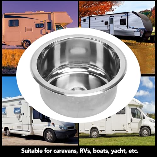 Image of 9 Inch RV Round Sink 5L Capacity Wash Basin 304 Stainless Steel RV Motor Home Sink Flush Mounted with 40mm /1.57in Drain for Rvs,Yachts, Boats, Kitchen