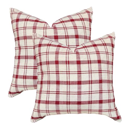 IKATYARN Farmhouse Linen Throw Pillow Cover Red Plaid Decorative Retro Pillowcase for Sofa Bedroom Pack of 2 18x18 Inches