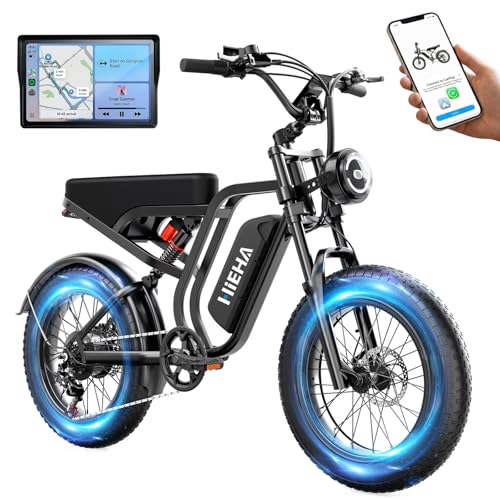 Hieha Electric Bike for Adults with CarPlay 20 Fat Tire Ebike with Removable Battery Long Range Electric Bicycle for Commuting & Outdoor Riding Foldable E-Bike with Suspension & Disc Brakes
