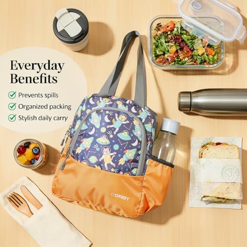 Image of ORBY Lunch Bag Galaxy Spaceship Orange | Water-Repellent Durable Fabric | Tiffin Bag with Bottle Holder & Front Pocket | Strong Zipper & Spacious Meal Storage (Spaceship Pattern, Orange)