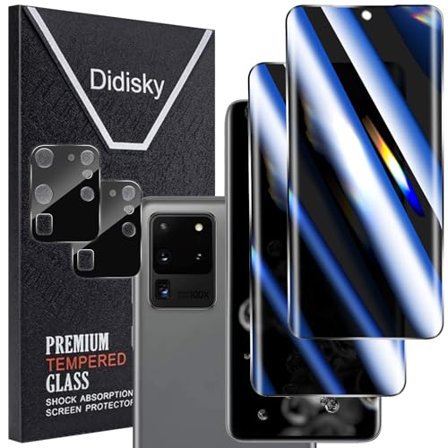 Didisky For Samsung Galaxy S20 Ultra Privacy Screen Protector 2 Pack Tempered Glass and 2 Pack Camera Lens Protector 3D Curved Full Coverage Easy to Install 9H Anti-Spy Anti Scratch
