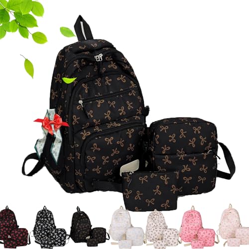 Coquette Bow Backpack 3Pcs Set, Nylon Coquette Backpack With Bow Pattern (Brown)