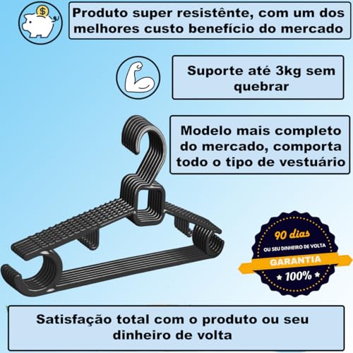 Kit 100 Cabides Adulto Preto Luxo Premium Reforçado