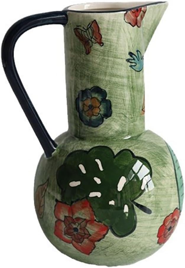 グリーン花瓶 素朴なスタイルのセラミック手描きの花瓶 モダンなマントル装飾、花瓶 農家の装飾 玄関装飾花瓶 装飾品 ハンドル付き 家