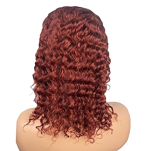 Image of XSY Headband Wig Human Hair Curly Reddish Brown 150% Density Brazilian Virgin Hair #33 Red-Brown Deep Wave Headband Wig Glueless None Lace Front Wig 18 Inch