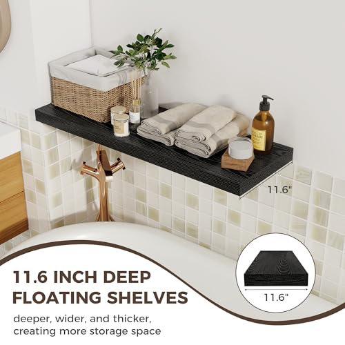Image of Fun Memories Deep Floating Shelves, 36 inch W x 12 inch D Wood Floating Shelves for Wall, 3 Pack Extra Deeper & Thicker Wall Mounted Storage Shelf for Living Room Laundry Room Kitchen Home Office, Black