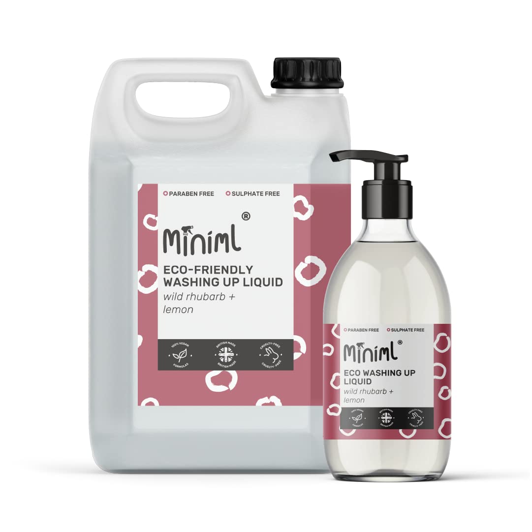 Miniml Eco Washing Up Liquid 500ML Glass & 5L Refill - Wild Rhubarb & Lemon Scented Non Bio & Skin Sensitive Friendly Dish Wash Cleaner Plant Based Vegan & Cruelty Free - Natural Cleaning Products