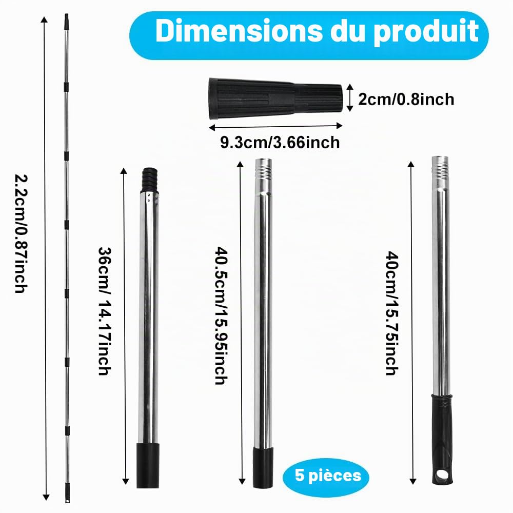 Perche d'Extension Télescopique, 260 CM Tige Télescopique pour Rouleau Peinture Rallonge pour Rouleau à Peinture Poignée d'Extension de Peinture en Acier Inoxydable pour Nettoyage de Vitres
