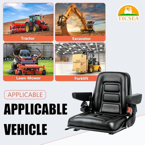 Image of TICSEA Universal Forklift Seat, Tractor Seat with Adjustable Angle Back, Armrest And Safety Belt,for Tractor, Excavator Skid Loader Backhoe Dozer Telehandler