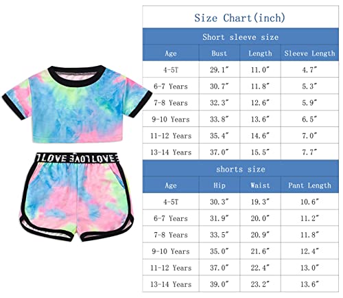 Girls 2 Piece Outfits, Summer Tie Dye Kids Sweatsuits Crop Tops + Athletic Workout Shorts School Clothes Sets Tracksuits, Blue Multicolor, 9-10 Years = Tag 150 #TOP6