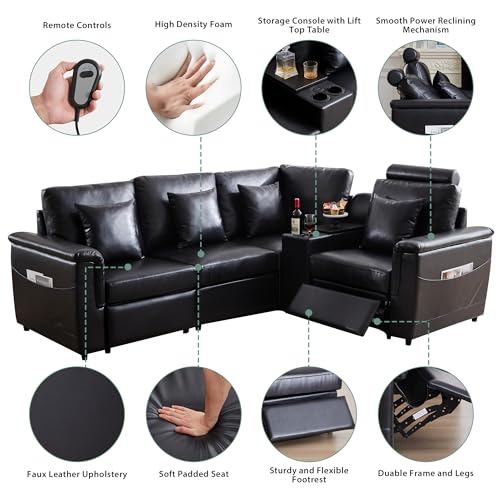 Image of RARZOE Faux Leather Sectional Sofa with Power Recliner, L Shaped PU Leather Couch with Storage Console Charging Cup Holders, 4 Seater Oversized Modular Reclining Couches for Living Room,Black