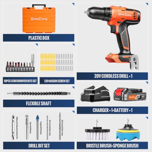 Image of DongCheng 20V Cordless Drilling Machine, 40Nm Torque, 350W Copper Motor, 18+1 Settings, 2-Speed 0-1500 RPM, 2.0Ah Battery and Charger, Extra Clean Kit and 16Pcs Drill Accessories for Home Use