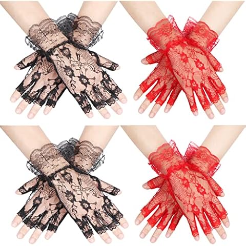 4 Pair Ladies Lace Gloves Fingerless Lace Gloves Elegant Short Gloves Ruffled Wedding Lace Tea Party Gloves Bridal Wrist Gloves for Wedding Dinner Halloween Parties (Red+Black) Cover