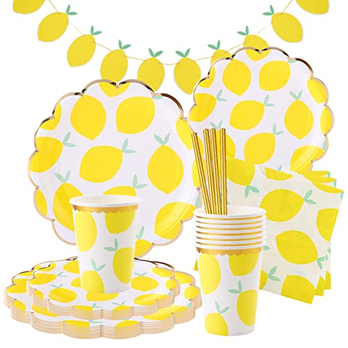 Assiette Carton Citron Or 20 Personnes Vaisselle Anniversaire Fille Décoration Anniversaire Jaune Assiette Serviette en Papier Gobelet Paille Banderole Citron Déco Party Baby Shower Mariage Cover