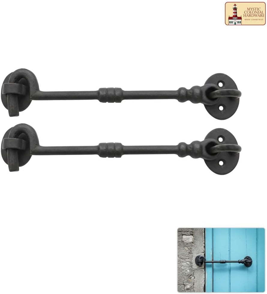 Mystic Colonial Medieval Cast Iron Hook and Eye Latch Set of 2 | (1 in x 8 in) Rustic Black Door & Gate Latches | Heavy Duty Antique Hardware with Mounting Screws | Vintage Farmhouse & Barn Door Lock