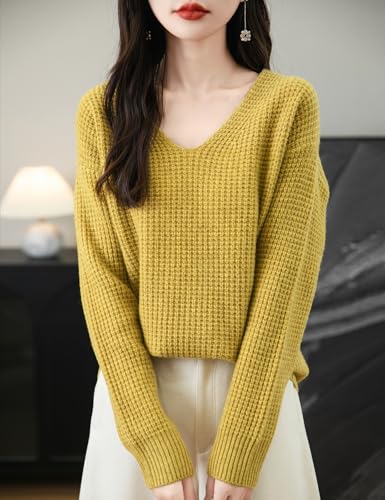 Women's 100% Merino Wool Sweater 2025 Fall Winter Casual V Neck Long Sleeve Waffles Knit Sweater Pullover3
