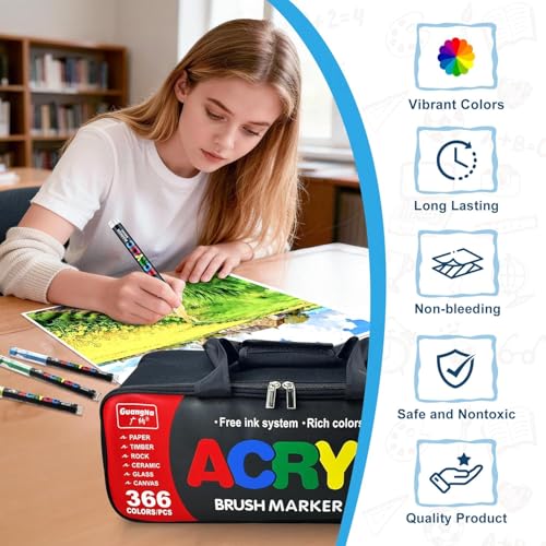 Image of Guangna 366 Acrylic Paint Markers, Brush Tip Acrylic Paint Pens, Quick-Drying Waterproof Ink, for Rock Painting Plastic Wood Canvas Glass Ceramic Metal Art Crafts Supplies Gift