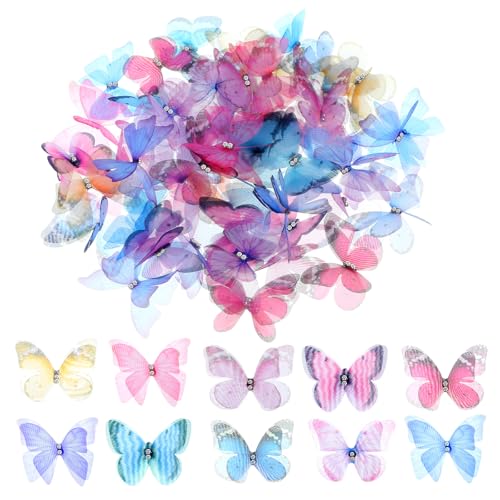 Bewudy 60 Stück 3D Schmetterlinge Organza, 3D Schmetterling Aufkleber Glitzer Schmetterlings Durchscheinender Chiffon Schmetterling Für DIY Dekoration Scrapbooking Gepäck Wand und Fenster Dekoration