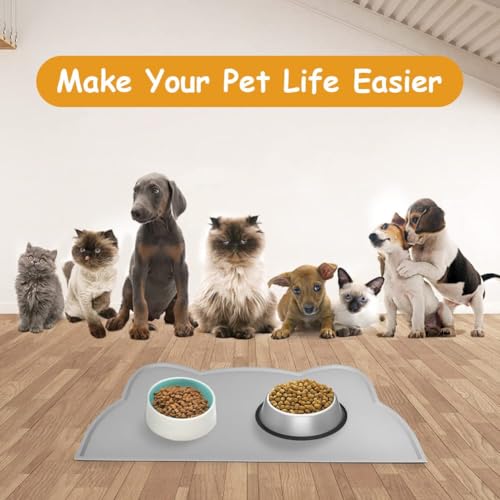 vsshe Napfunterlage für Kleine Hunde und Katze, 44 x 25 cm Napfunterlage Silikon wasserdichte und rutschfeste Silikon Fressnapf Unterlage Unterlage für Katzennapf Futtermatten (Grau)