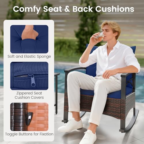 Image of Tangkula 3 Pieces Wicker Outdoor Rocking Chairs Set | Heavy Duty Cushioned Rattan Patio Rocker Bistro Set, 2-Tier Side Table w / Acacia Wood Tabletop, for Porch Balcony Backyard