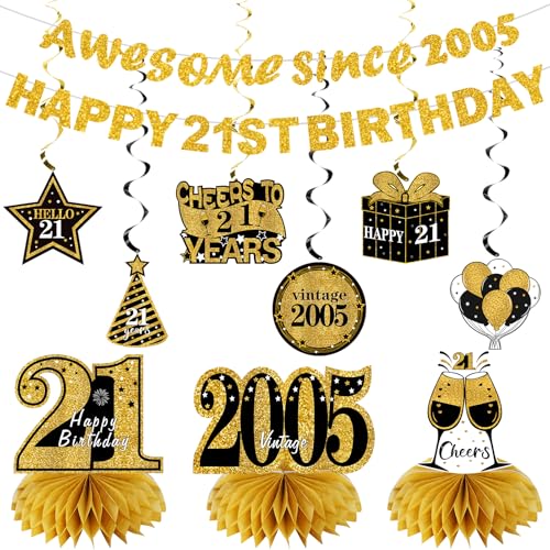 Image of Kuxriox 11Pcs 21st Birthday Decorations Kit for Men Women, Black Gold Happy 21st Birthday Banner, Awesome Since 2005 Centerpieces Swirls Party Supplies, 21 Bday Banner Ceiling Table Topper Sign
