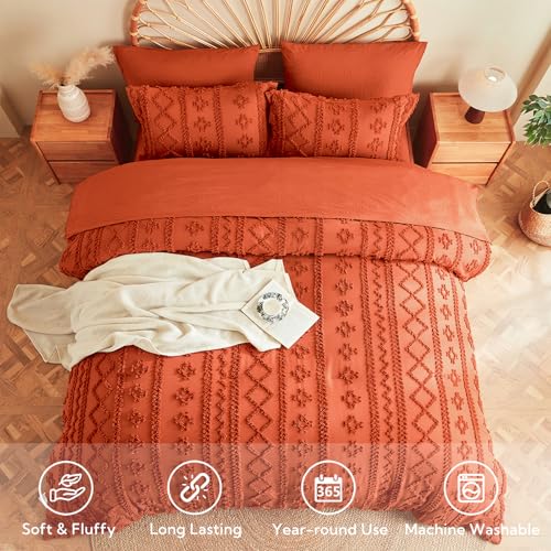 Image of MR&HM Full Size Bed Sheets and Comforter Set Terracotta, 7 Pieces Tufted Boho Beddding Sets, Farmhouse Bed in a Bag with 1 Comforter, 2 Pillow Shams, 2 Pillowcases, 1 Flat Sheet, 1 Fitted Sheet