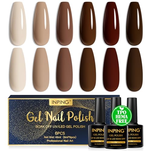 INPING Vernis Semi Permanent Sans HEMA TPO-FREE, 6 Couleurs Beige Nude Marron Foncé Marron Gel UV Semi Permanent, Soak Off UV/LED Vernis à Ongles Pour...