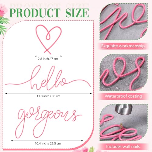 Image of Hicarer Metal Hello Gorgeous Wall Art Minimalist Decor for Bedroom Bathroom Living Room Dressing Room Salon Office Home Decorations Easy to Install Wall Decor(Pink,Classic Style)